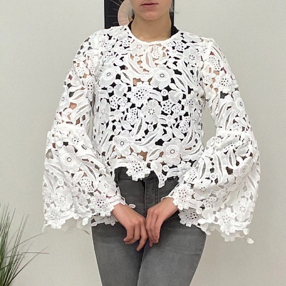 DECJUBA Bell Sleeve Eyelet Floral Lace Top Blouse Size 10 White - Picture 4 of 11